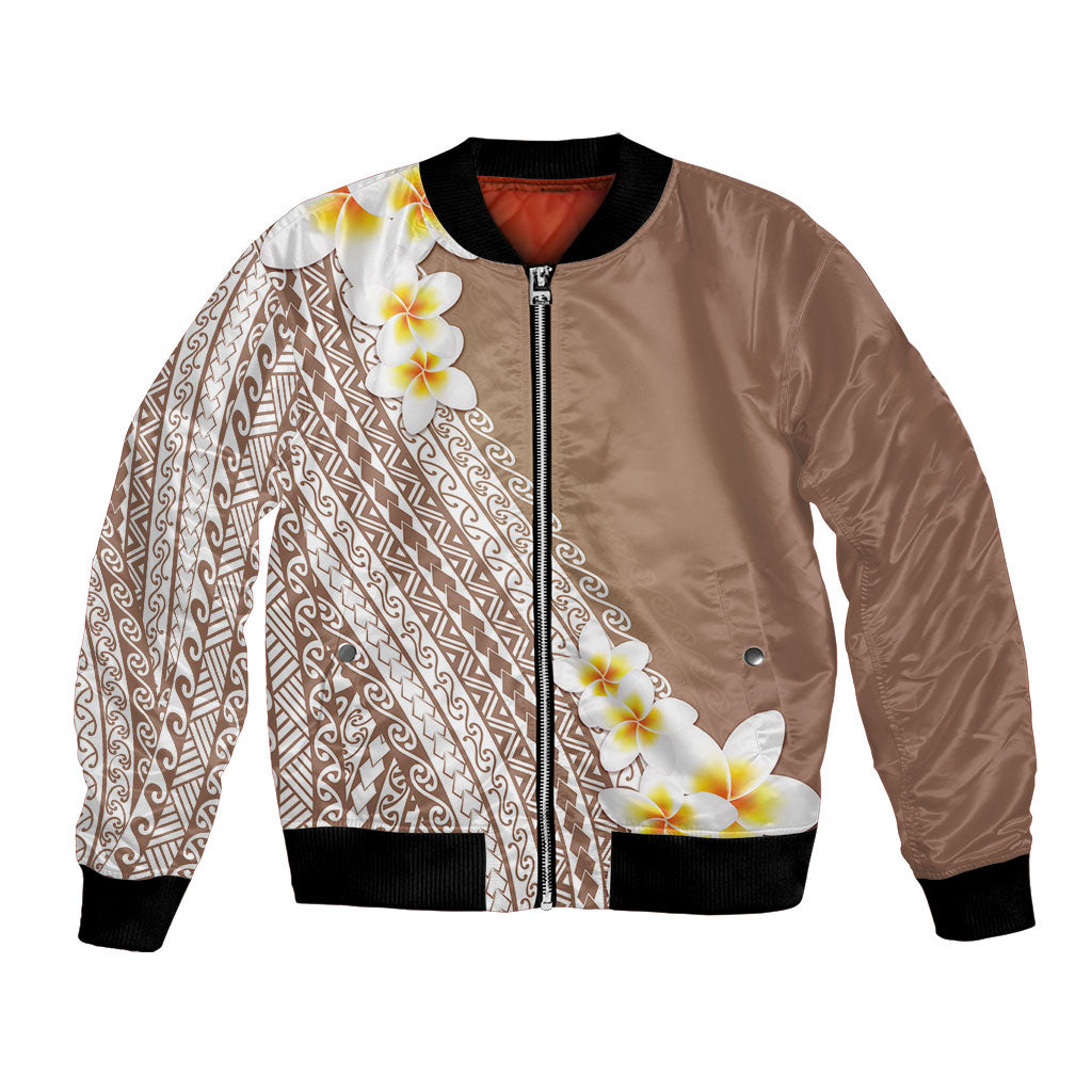 Tahiti Plumeria Tribal Pattern Bomber Jacket Wave Style Brown LT05 Unisex Brown - Polynesian Pride