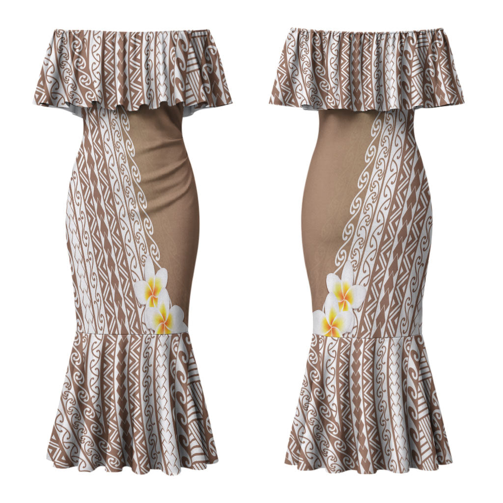 Tahiti Plumeria Tribal Pattern Couples Matching Mermaid Dress and Hawaiian Shirt Wave Style Brown LT05 - Polynesian Pride