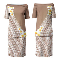 Tahiti Plumeria Tribal Pattern Couples Matching Puletasi and Hawaiian Shirt Wave Style Brown LT05 - Polynesian Pride