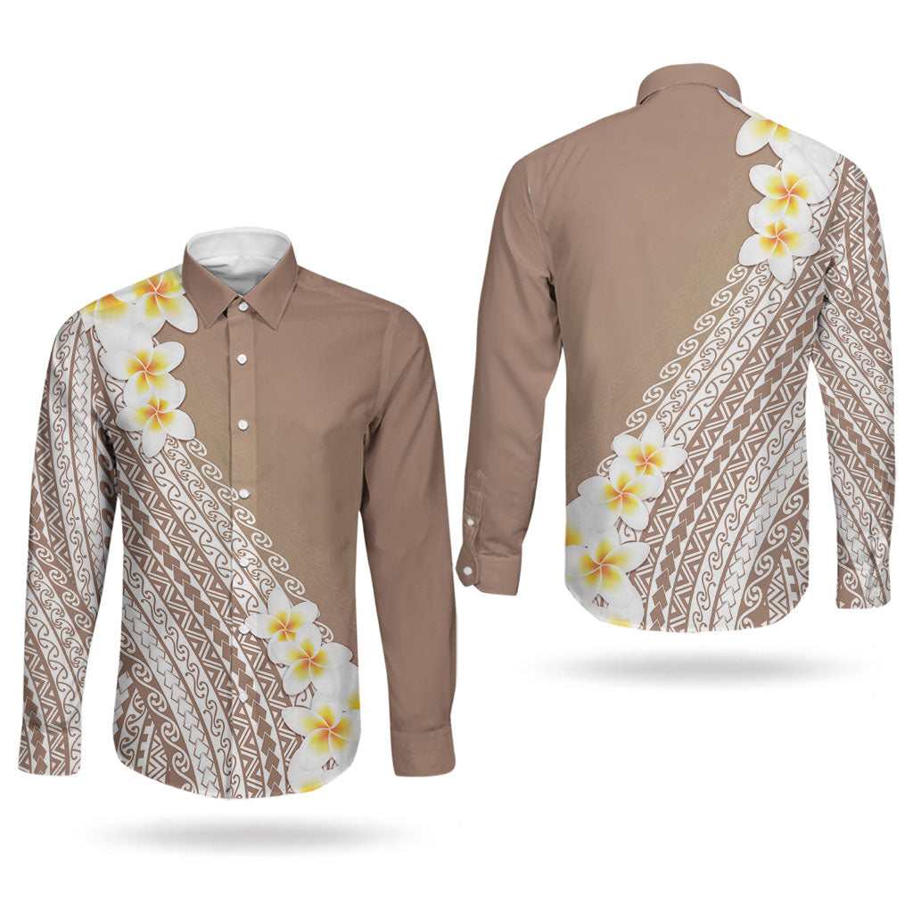 Tahiti Plumeria Tribal Pattern Couples Matching Short Sleeve Bodycon Dress and Long Sleeve Button Shirt Wave Style Brown LT05 - Polynesian Pride