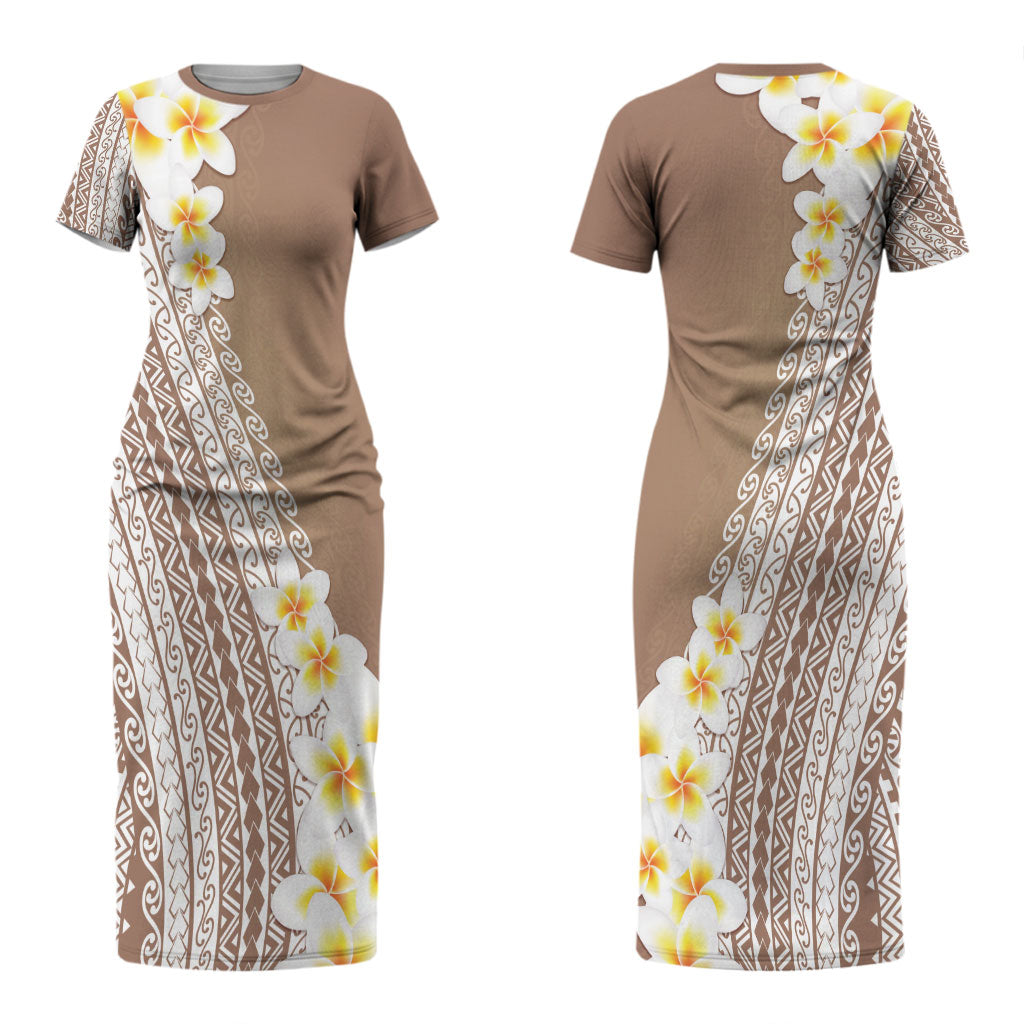 Tahiti Plumeria Tribal Pattern Couples Matching Short Sleeve Bodycon Dress and Long Sleeve Button Shirt Wave Style Brown LT05 - Polynesian Pride