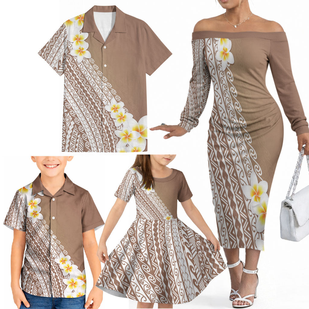 Tahiti Plumeria Tribal Pattern Family Matching Off The Shoulder Long Sleeve Dress and Hawaiian Shirt Wave Style Brown LT05 - Polynesian Pride