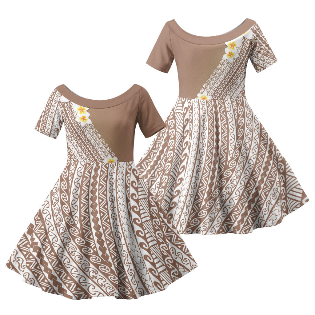 Tahiti Plumeria Tribal Pattern Family Matching Off The Shoulder Long Sleeve Dress and Hawaiian Shirt Wave Style Brown LT05 Daughter's Dress Brown - Polynesian Pride