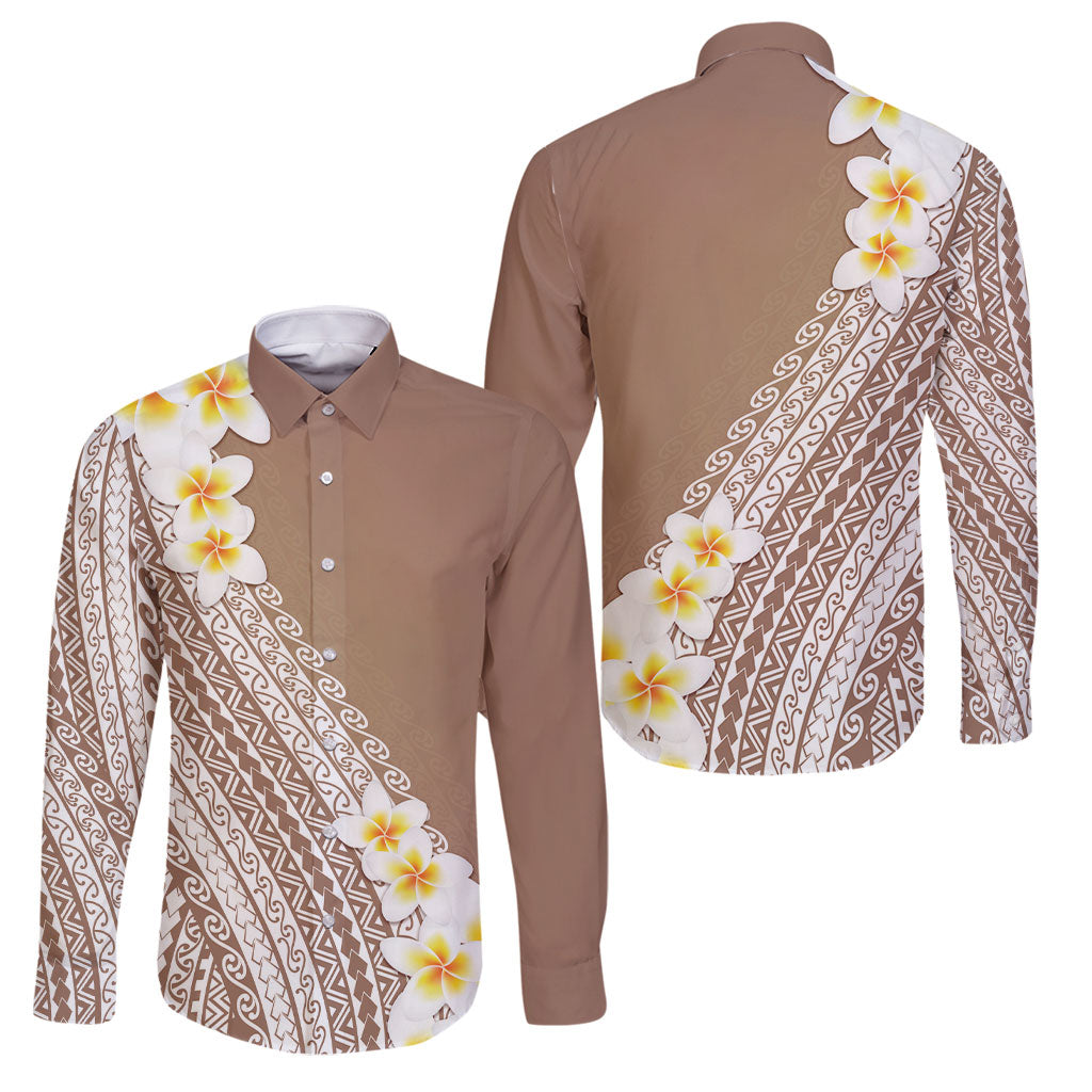 Tahiti Plumeria Tribal Pattern Family Matching Off Shoulder Short Dress and Hawaiian Shirt Wave Style Brown LT05 Dad's Shirt - Long Sleeve Brown - Polynesian Pride