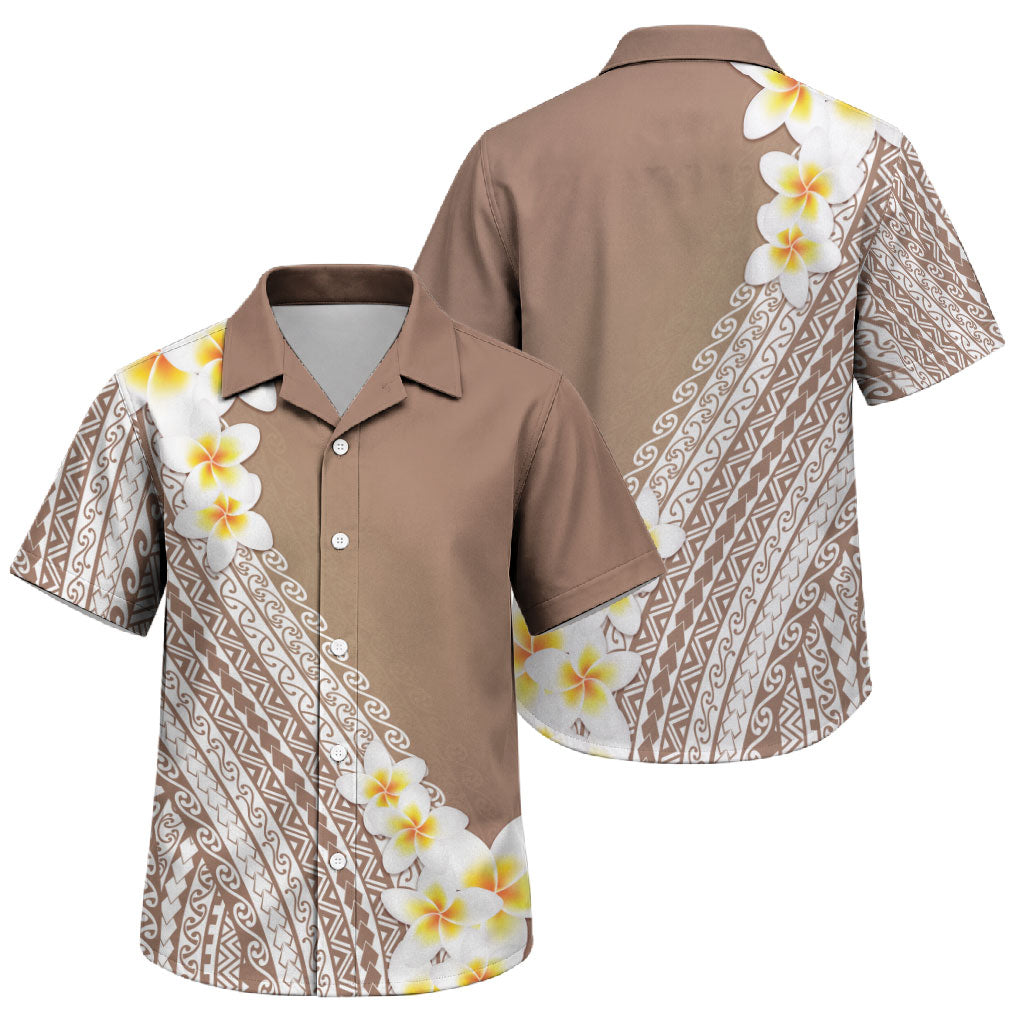 Tahiti Plumeria Tribal Pattern Family Matching Off Shoulder Short Dress and Hawaiian Shirt Wave Style Brown LT05 Son's Shirt Brown - Polynesian Pride