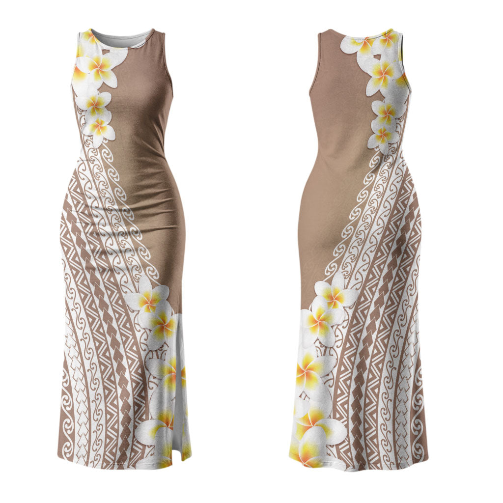 Tahiti Plumeria Tribal Pattern Family Matching Tank Maxi Dress and Hawaiian Shirt Wave Style Brown LT05 Mom's Dress Brown - Polynesian Pride