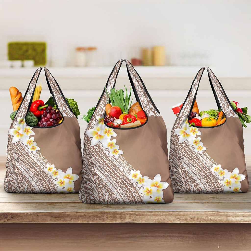 Tahiti Plumeria Tribal Pattern Grocery Bag Wave Style Brown LT05 3-pack One Size Brown - Polynesian Pride