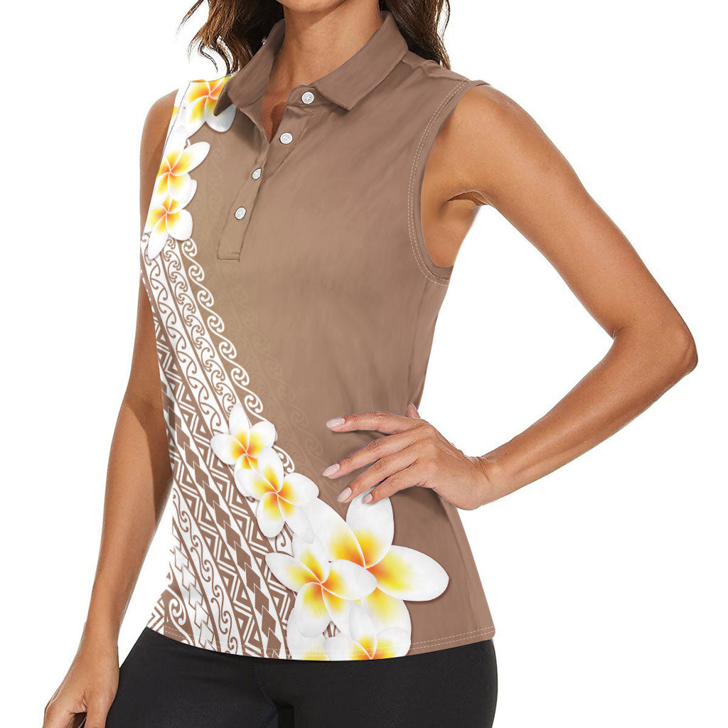 Tahiti Plumeria Tribal Pattern Women Sleeveless Polo Shirt Wave Style Brown LT05 - Polynesian Pride