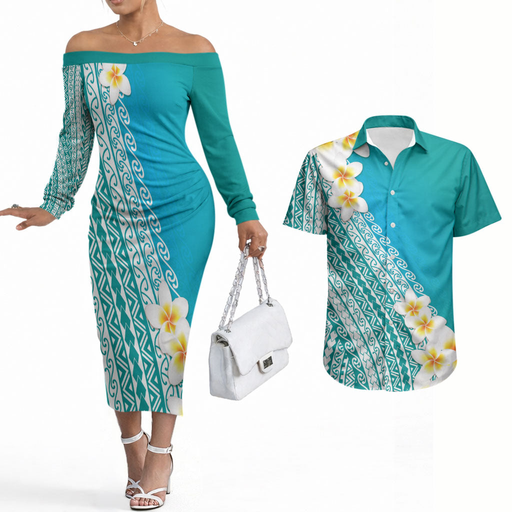 Tahiti Plumeria Tribal Pattern Couples Matching Off The Shoulder Long Sleeve Dress and Hawaiian Shirt Wave Style Turquoise LT05 Turquoise - Polynesian Pride