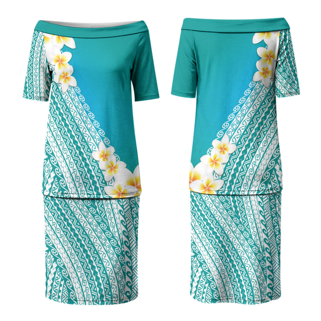 Tahiti Plumeria Tribal Pattern Couples Matching Puletasi and Hawaiian Shirt Wave Style Turquoise LT05 - Polynesian Pride