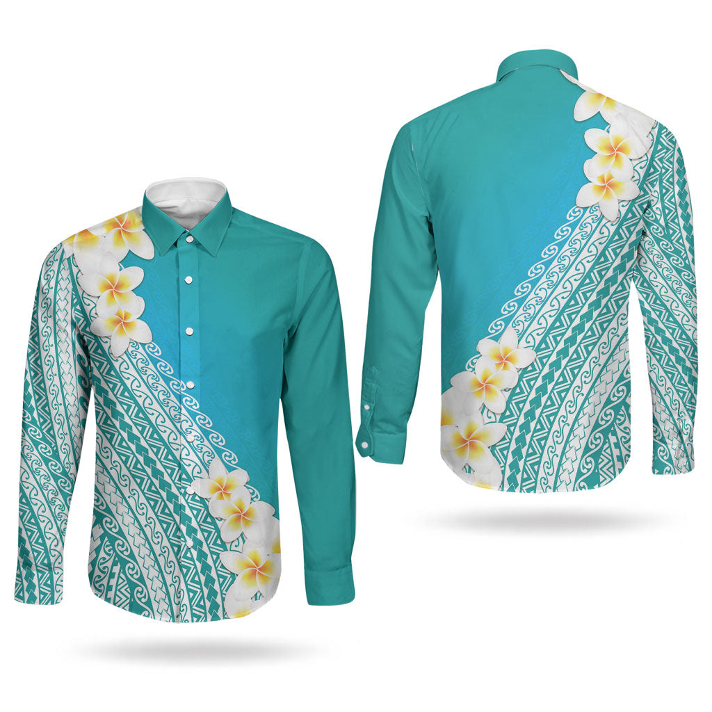 Tahiti Plumeria Tribal Pattern Couples Matching Puletasi and Long Sleeve Button Shirt Wave Style Turquoise LT05 - Polynesian Pride