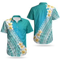 Tahiti Plumeria Tribal Pattern Couples Matching Short Sleeve Bodycon Dress and Hawaiian Shirt Wave Style Turquoise LT05 - Polynesian Pride