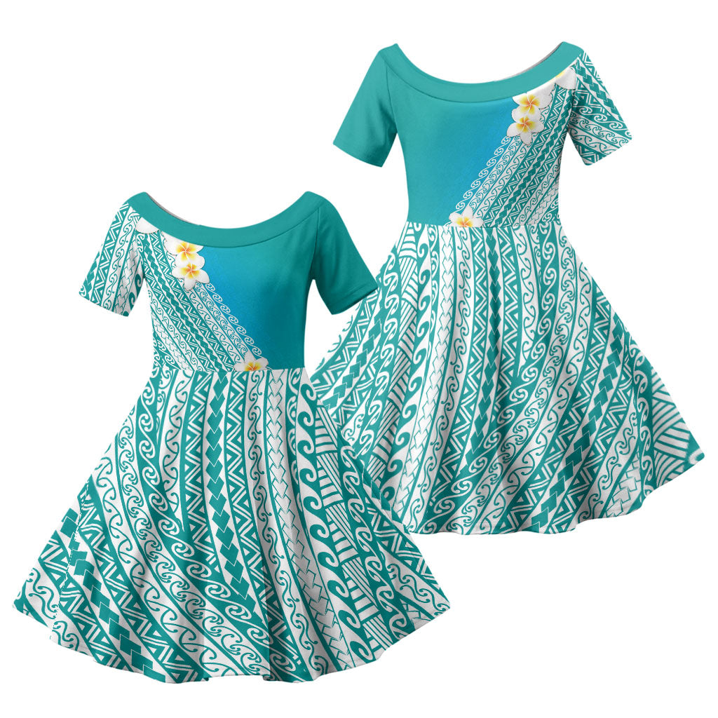 Tahiti Plumeria Tribal Pattern Family Matching Long Sleeve Bodycon Dress and Hawaiian Shirt Wave Style Turquoise LT05 Daughter's Dress Turquoise - Polynesian Pride