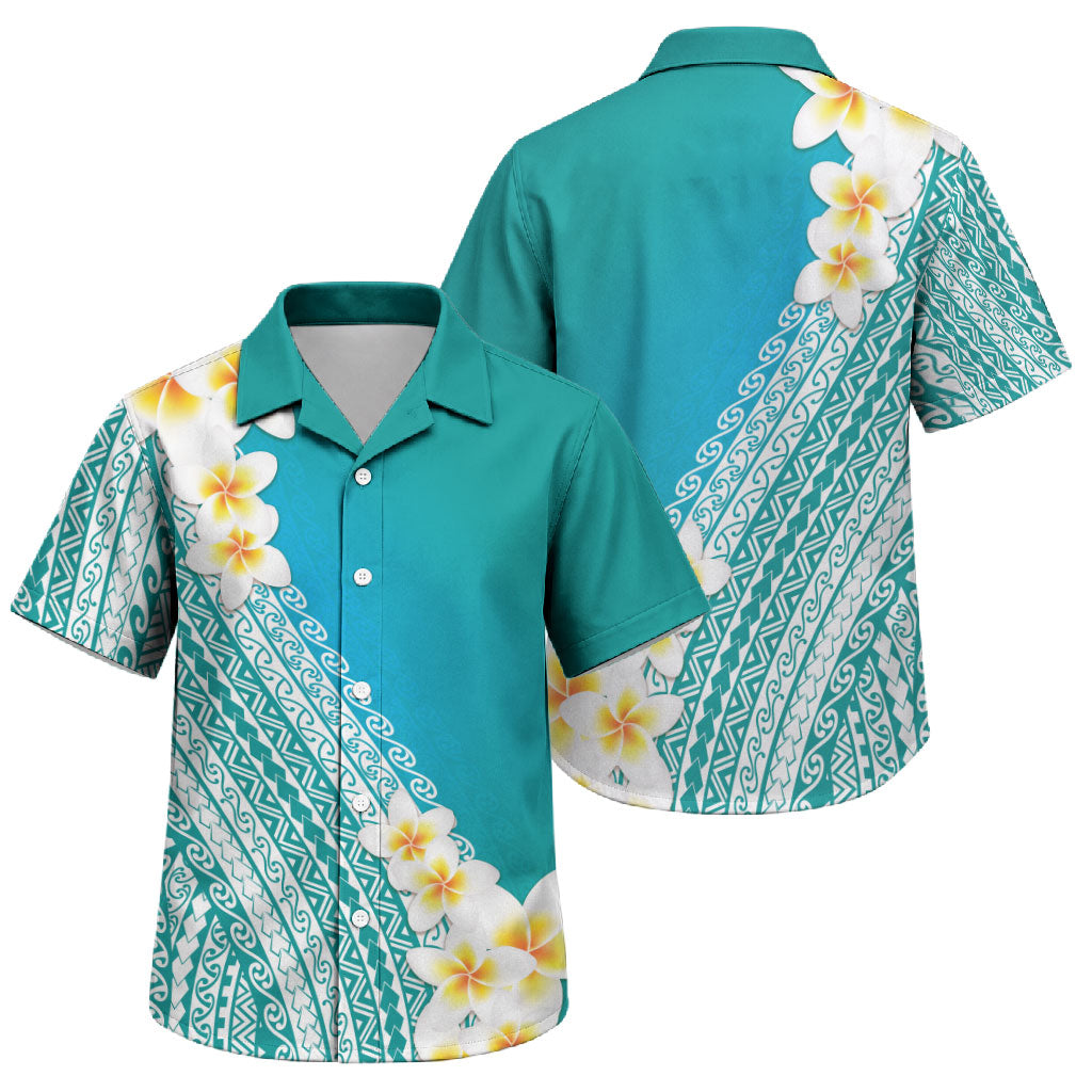 Tahiti Plumeria Tribal Pattern Family Matching Long Sleeve Bodycon Dress and Hawaiian Shirt Wave Style Turquoise LT05 Son's Shirt Turquoise - Polynesian Pride