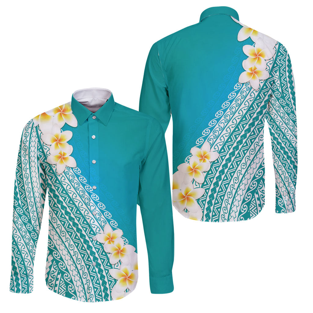 Tahiti Plumeria Tribal Pattern Family Matching Mermaid Dress and Hawaiian Shirt Wave Style Turquoise LT05 Dad's Shirt - Long Sleeve Turquoise - Polynesian Pride