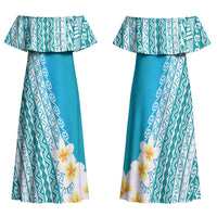 Tahiti Plumeria Tribal Pattern Family Matching Off Shoulder Maxi Dress and Hawaiian Shirt Wave Style Turquoise LT05 Mom's Dress Turquoise - Polynesian Pride