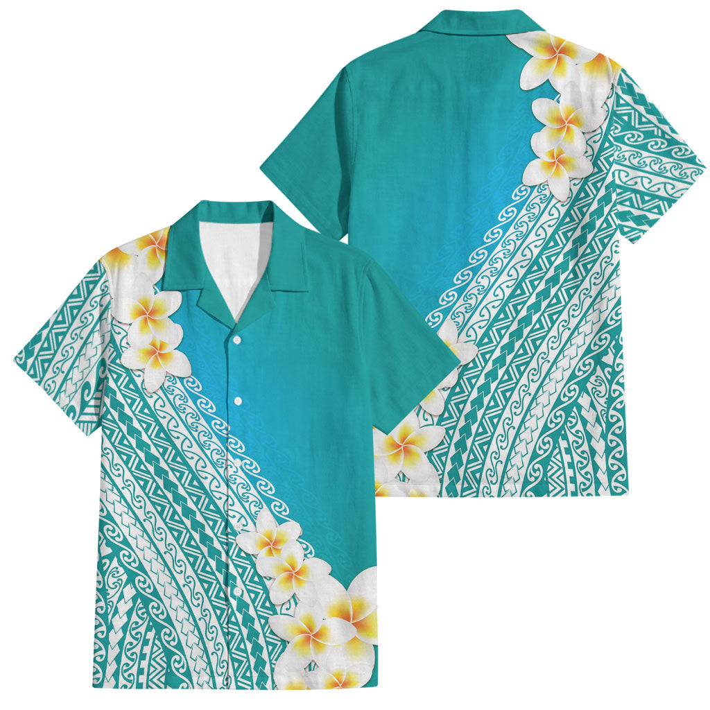 Tahiti Plumeria Tribal Pattern Family Matching Off Shoulder Maxi Dress and Hawaiian Shirt Wave Style Turquoise LT05 Dad's Shirt - Short Sleeve Turquoise - Polynesian Pride