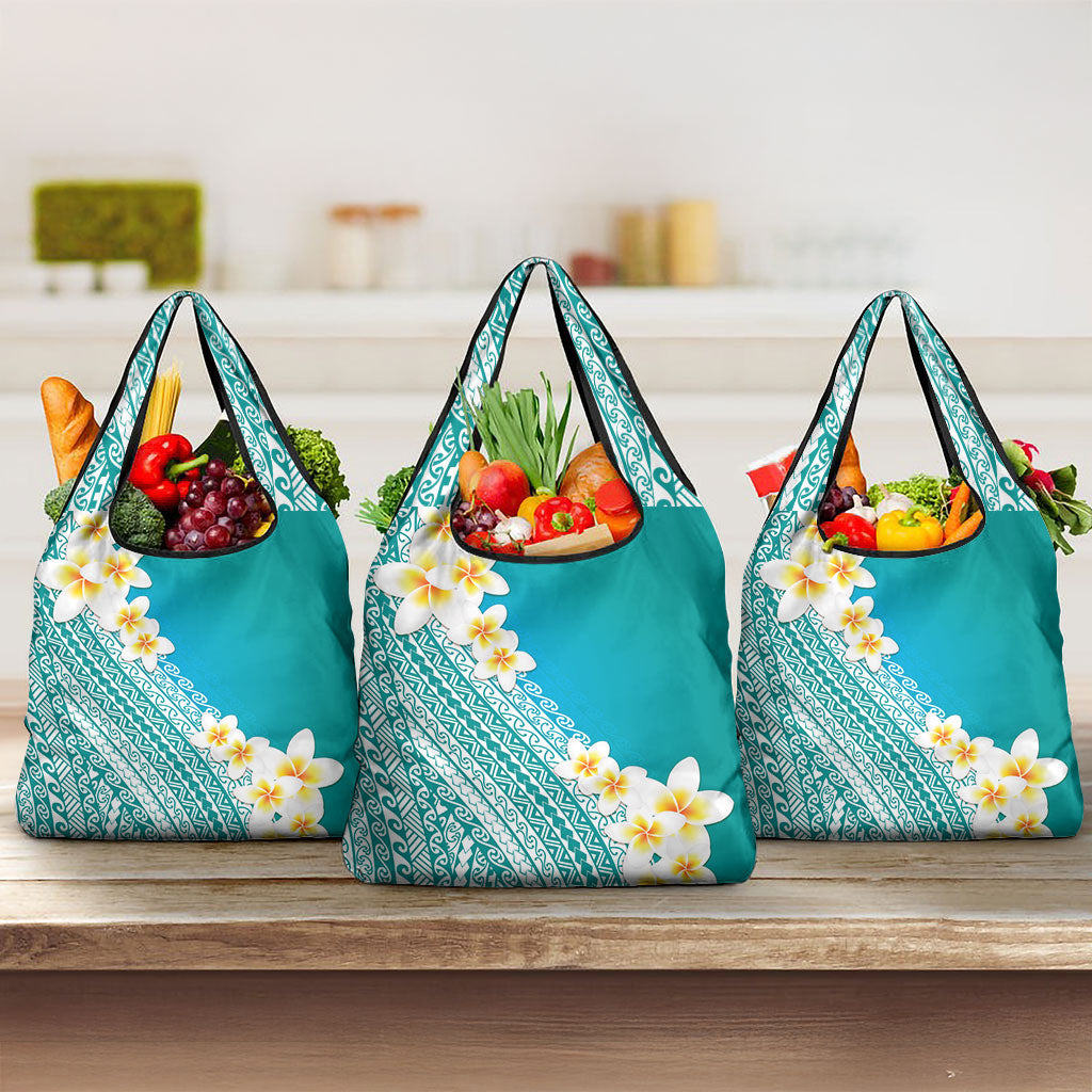 Tahiti Plumeria Tribal Pattern Grocery Bag Wave Style Turquoise LT05 3-pack One Size Turquoise - Polynesian Pride