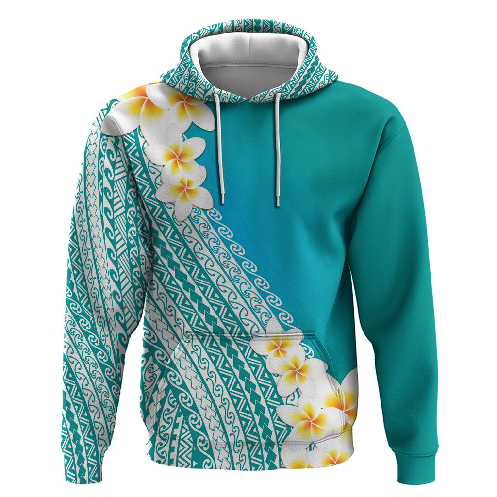 Tahiti Plumeria Tribal Pattern Hoodie Wave Style Turquoise
