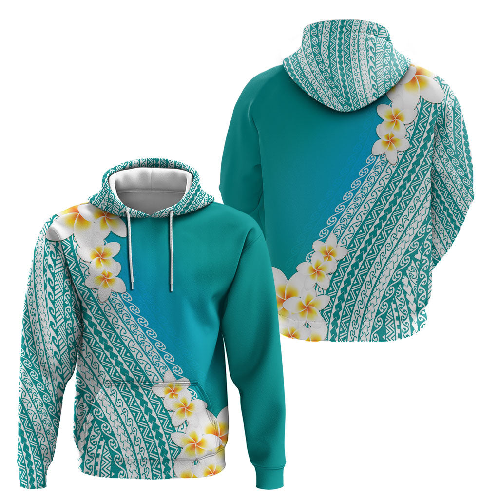 Tahiti Plumeria Tribal Pattern Hoodie Wave Style Turquoise