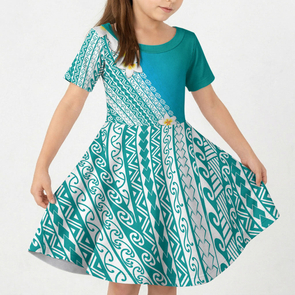 Tahiti Plumeria Tribal Pattern Kid Short Sleeve Dress Wave Style Turquoise