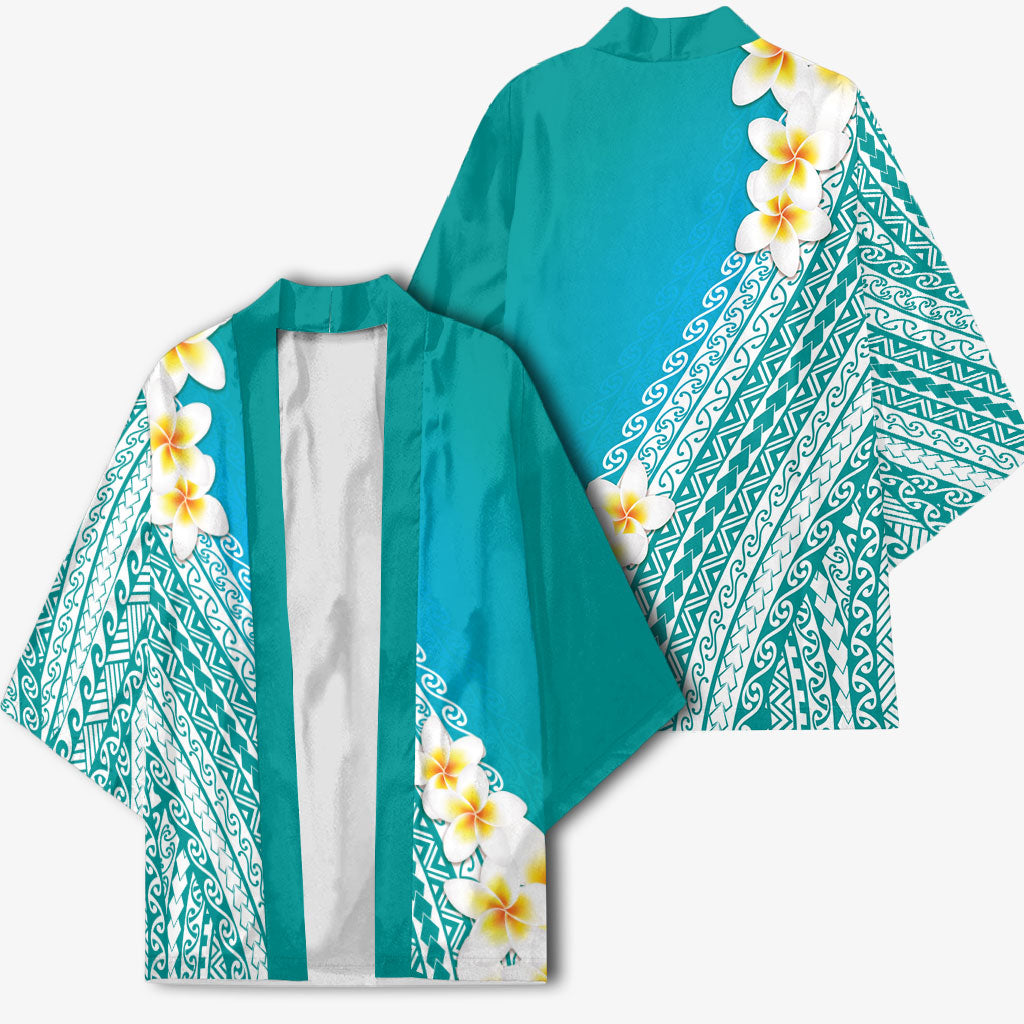 Tahiti Plumeria Tribal Pattern Kimono Wave Style Turquoise LT05 - Polynesian Pride