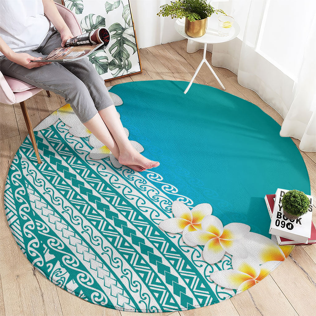 Tahiti Plumeria Tribal Pattern Round Carpet Wave Style Turquoise LT05 - Polynesian Pride