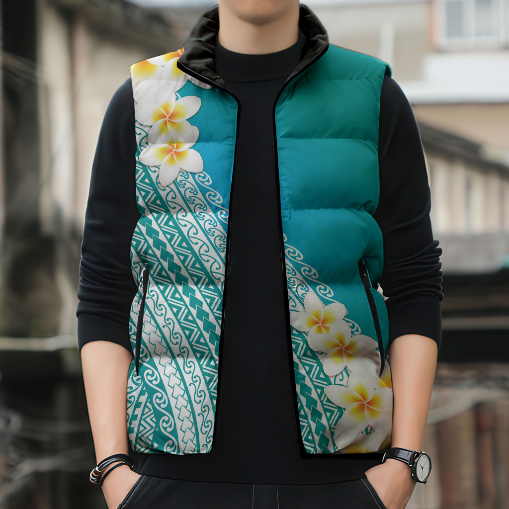 Tahiti Plumeria Tribal Pattern Sleeveless Puffer Jacket Wave Style Turquoise LT05 - Polynesian Pride