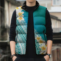 Tahiti Plumeria Tribal Pattern Sleeveless Puffer Jacket Wave Style Turquoise LT05 - Polynesian Pride