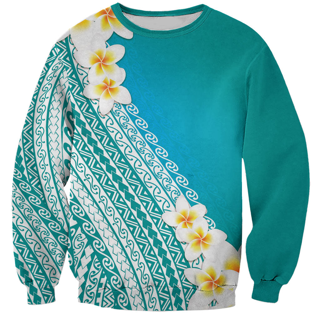 Tahiti Plumeria Tribal Pattern Sweatshirt Wave Style Turquoise LT05 Unisex Turquoise - Polynesian Pride