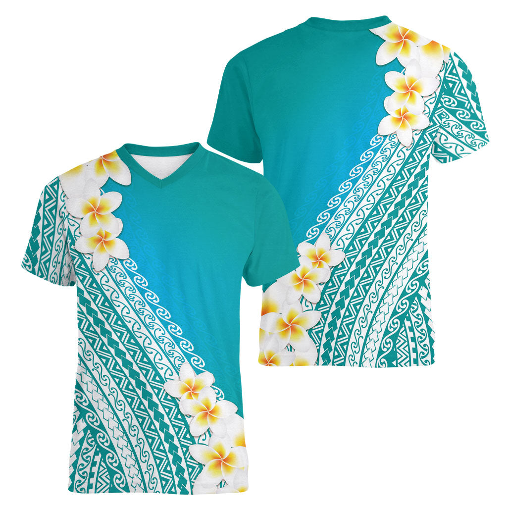 Tahiti Plumeria Tribal Pattern Women V-Neck T-Shirt Wave Style Turquoise LT05 - Polynesian Pride
