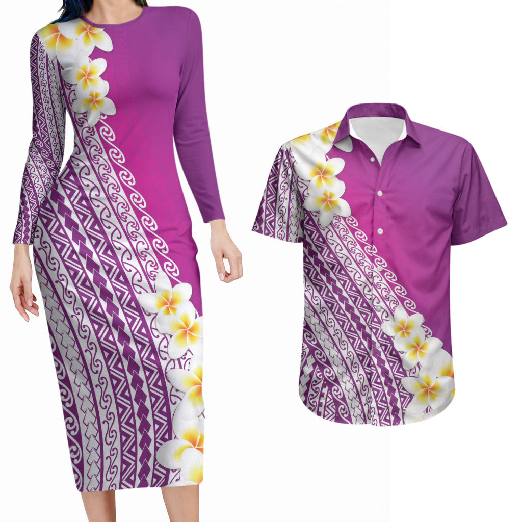 Tahiti Plumeria Tribal Pattern Couples Matching Long Sleeve Bodycon Dress and Hawaiian Shirt Wave Style Purple LT05 Purple - Polynesian Pride