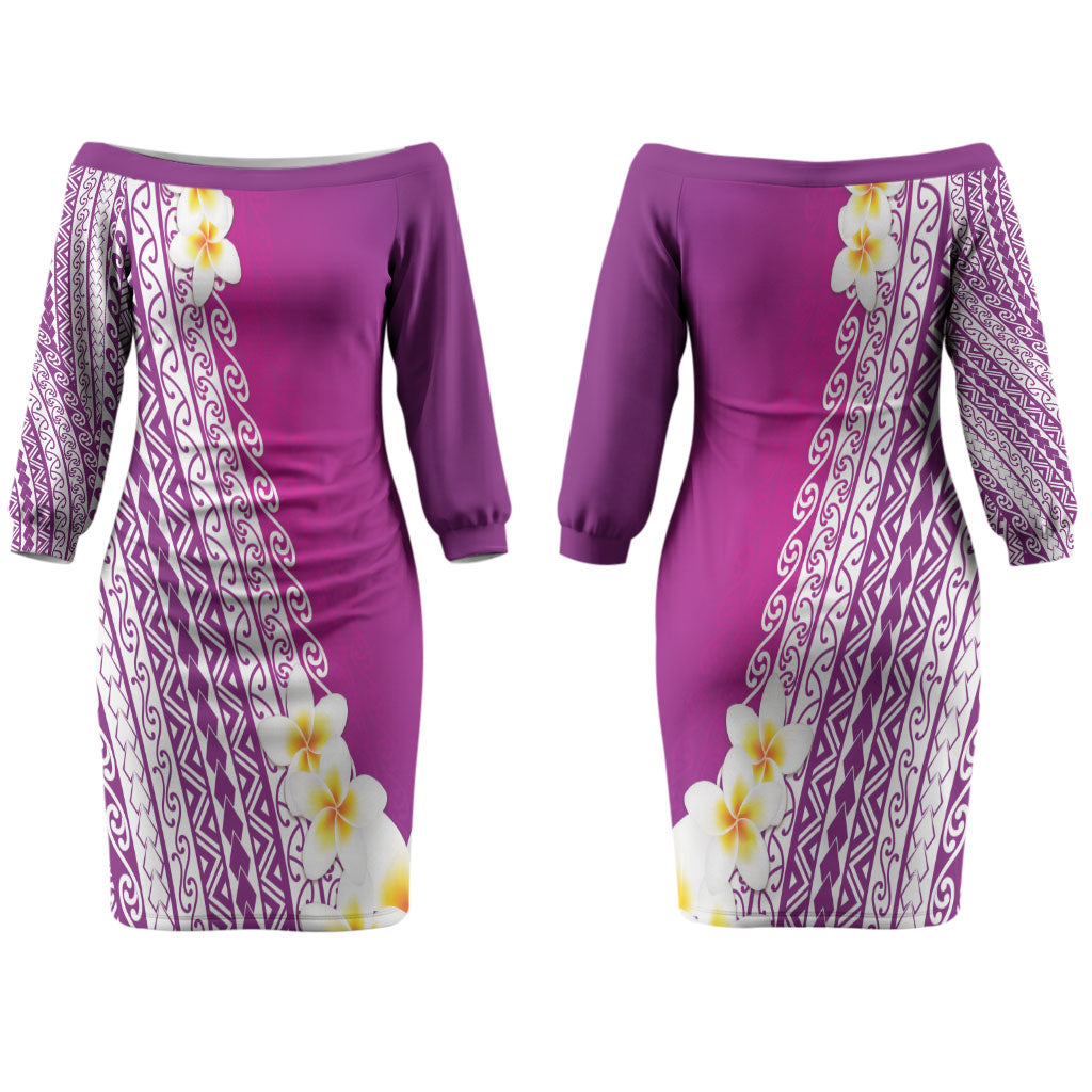 Tahiti Plumeria Tribal Pattern Couples Matching Off The Shoulder Long Sleeve Dress and Long Sleeve Button Shirt Wave Style Purple LT05 - Polynesian Pride
