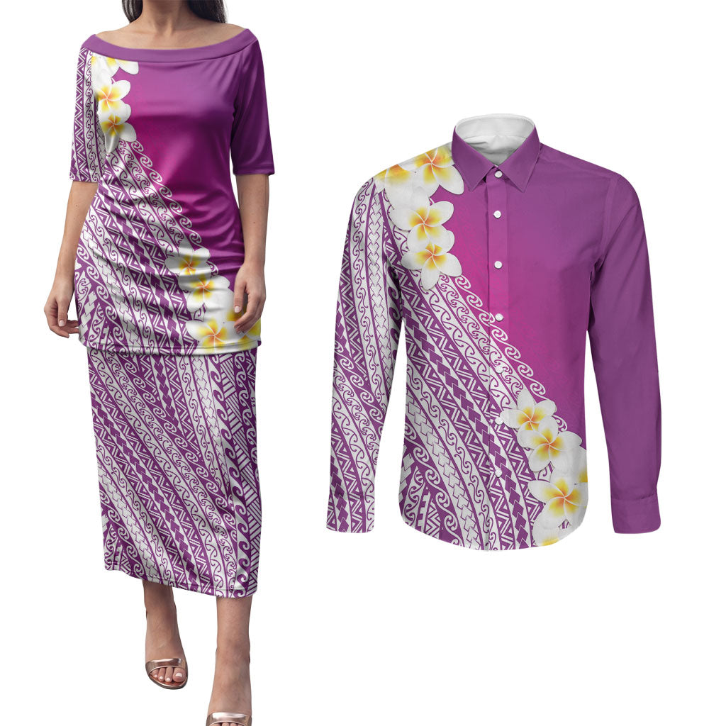 Tahiti Plumeria Tribal Pattern Couples Matching Puletasi and Long Sleeve Button Shirt Wave Style Purple LT05 Purple - Polynesian Pride