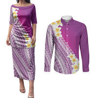 Tahiti Plumeria Tribal Pattern Couples Matching Puletasi and Long Sleeve Button Shirt Wave Style Purple LT05 Purple - Polynesian Pride