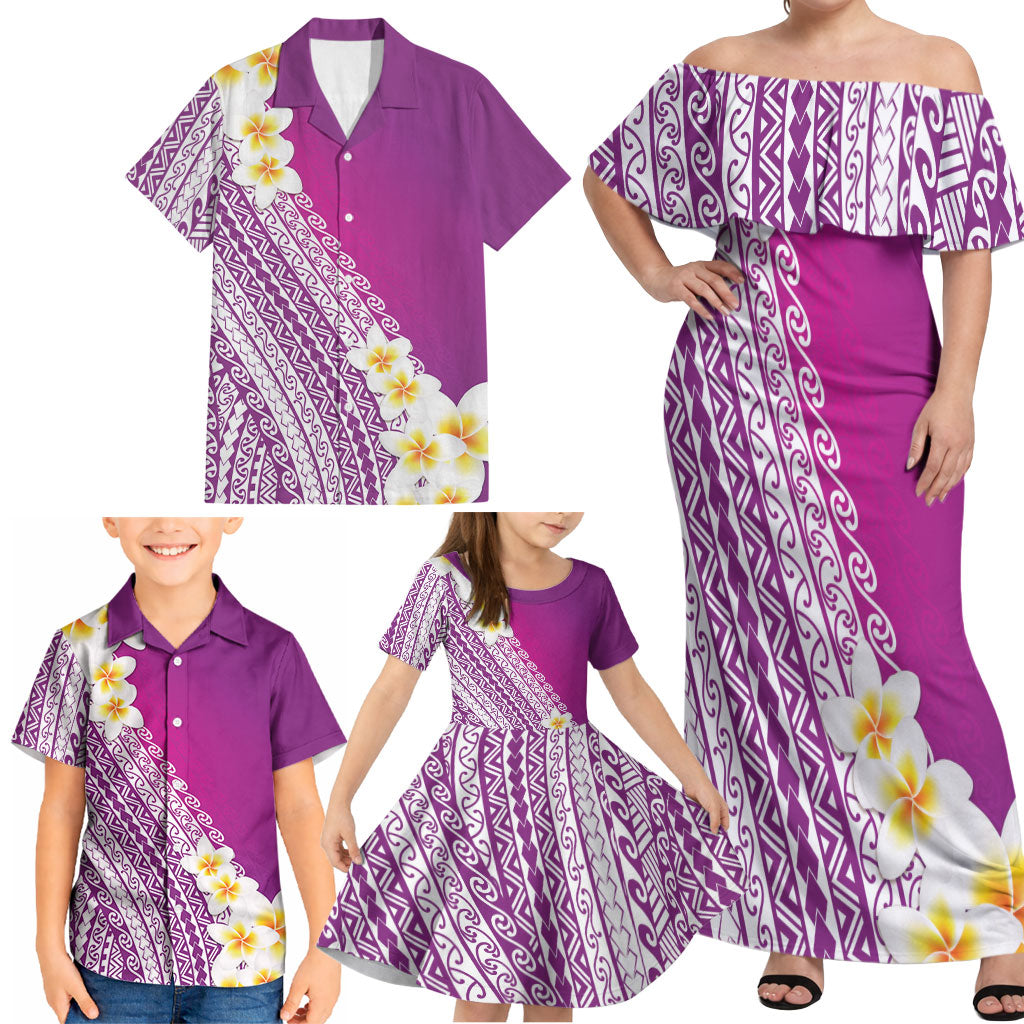 Tahiti Plumeria Tribal Pattern Family Matching Off Shoulder Maxi Dress and Hawaiian Shirt Wave Style Purple LT05 - Polynesian Pride