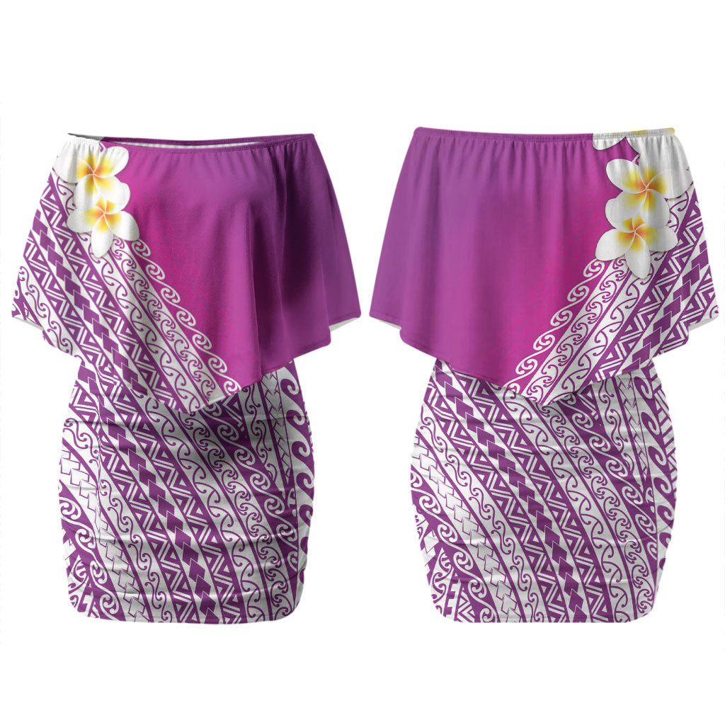 Tahiti Plumeria Tribal Pattern Family Matching Off Shoulder Short Dress and Hawaiian Shirt Wave Style Purple LT05 Mom's Dress Purple - Polynesian Pride