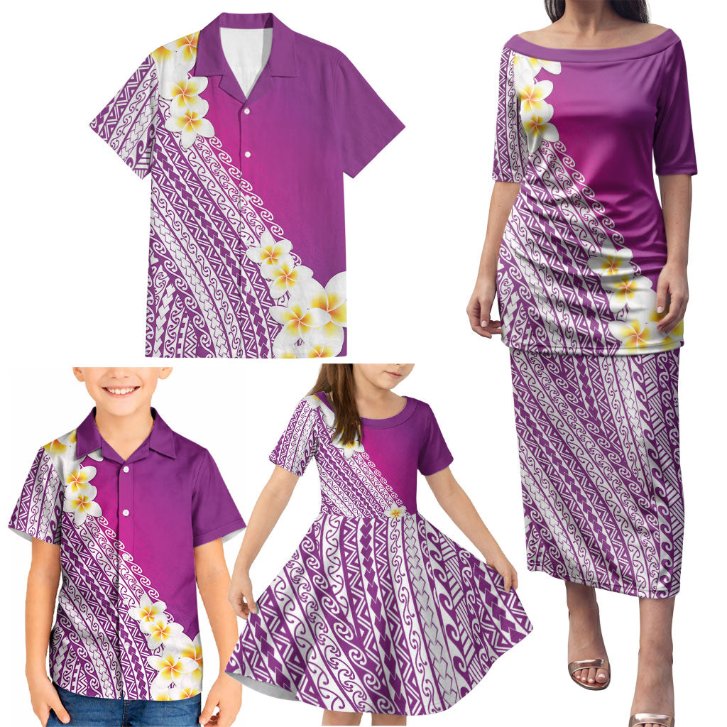 Tahiti Plumeria Tribal Pattern Family Matching Puletasi and Hawaiian Shirt Wave Style Purple LT05 - Polynesian Pride
