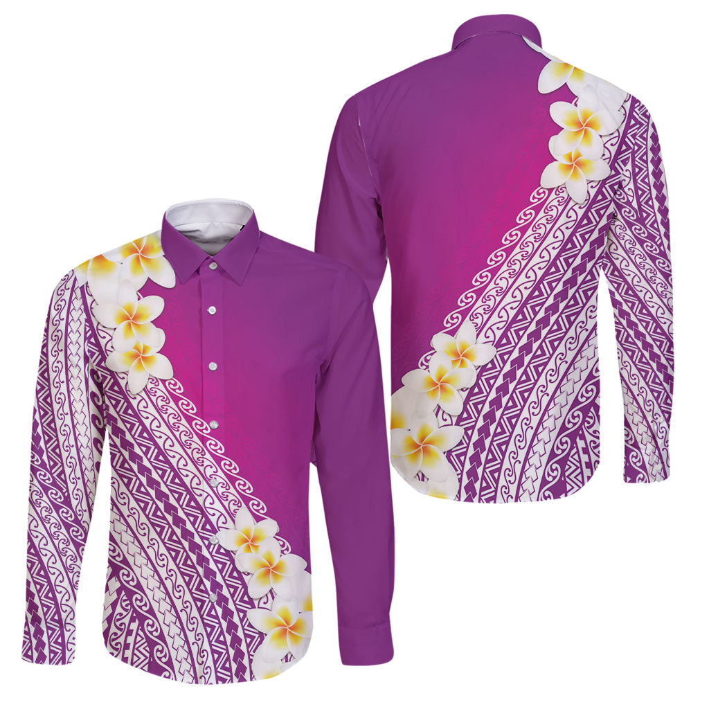 Tahiti Plumeria Tribal Pattern Family Matching Puletasi and Hawaiian Shirt Wave Style Purple LT05 Dad's Shirt - Long Sleeve Purple - Polynesian Pride