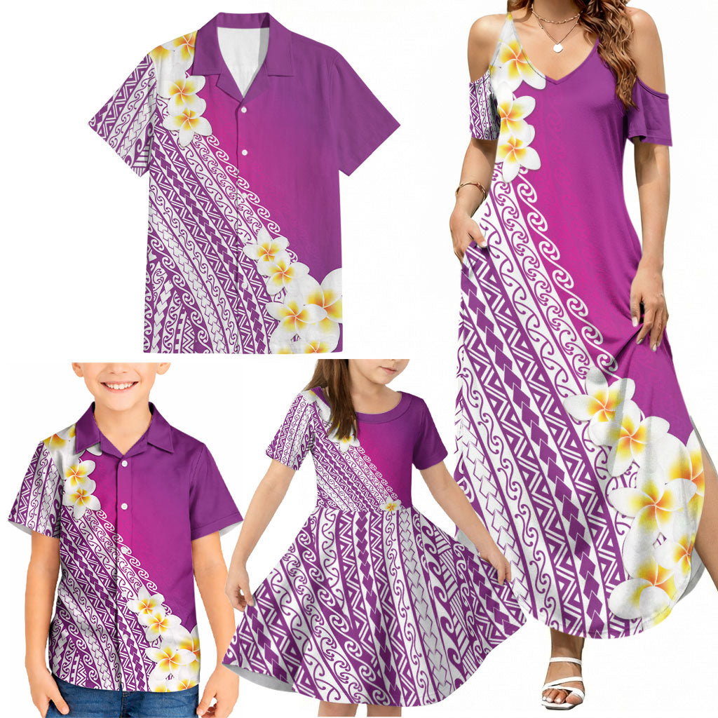 Tahiti Plumeria Tribal Pattern Family Matching Summer Maxi Dress and Hawaiian Shirt Wave Style Purple LT05 - Polynesian Pride