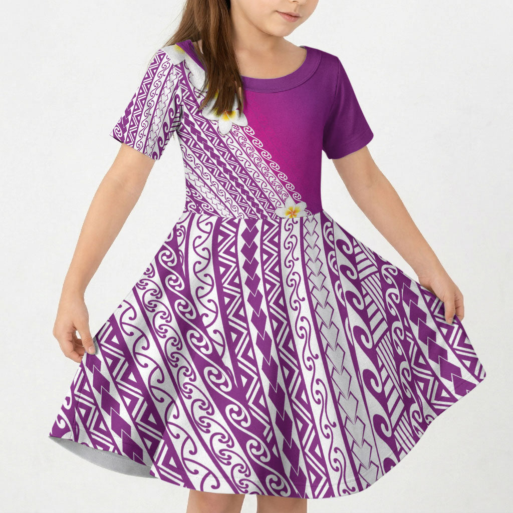Tahiti Plumeria Tribal Pattern Kid Short Sleeve Dress Wave Style Purple