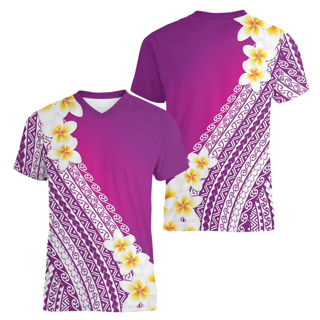 Tahiti Plumeria Tribal Pattern Women V-Neck T-Shirt Wave Style Purple LT05 - Polynesian Pride