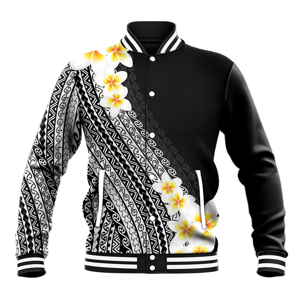 Tahiti Plumeria Tribal Pattern Baseball Jacket Wave Style Black LT05 Unisex Black - Polynesian Pride