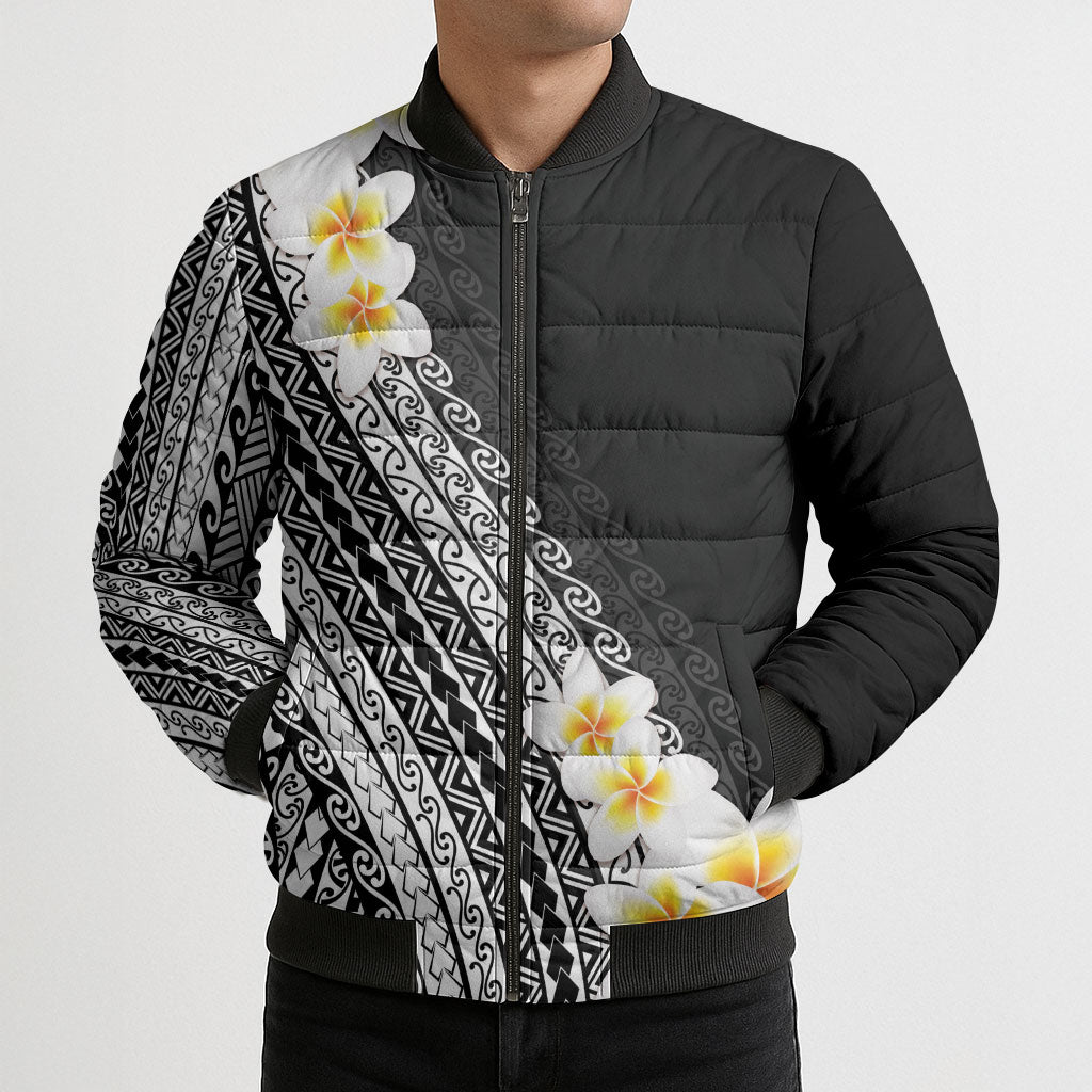 Tahiti Plumeria Tribal Pattern Bomber Puffer Jacket Wave Style Black LT05 - Polynesian Pride