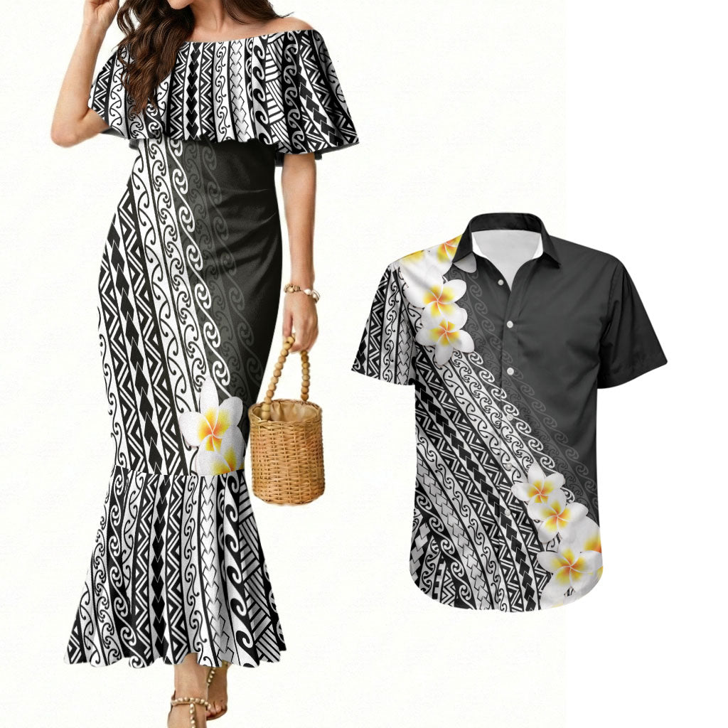 Tahiti Plumeria Tribal Pattern Couples Matching Mermaid Dress and Hawaiian Shirt Wave Style Black LT05 Black - Polynesian Pride