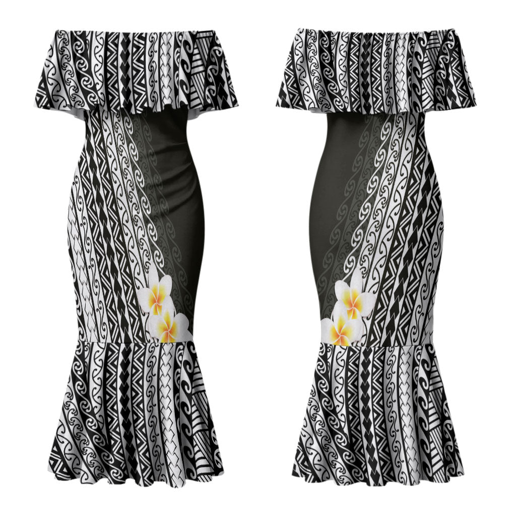 Tahiti Plumeria Tribal Pattern Couples Matching Mermaid Dress and Hawaiian Shirt Wave Style Black LT05 - Polynesian Pride