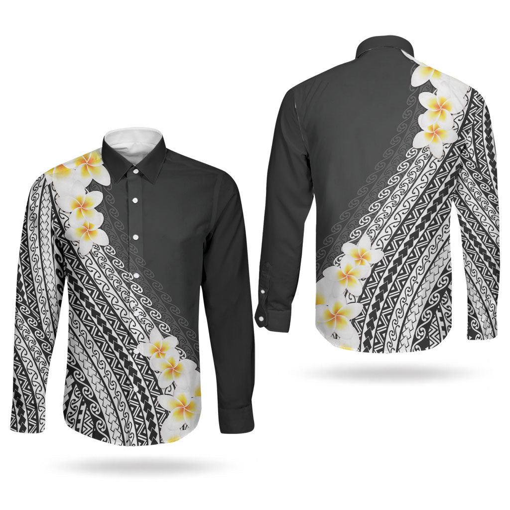 Tahiti Plumeria Tribal Pattern Couples Matching Puletasi and Long Sleeve Button Shirt Wave Style Black LT05 - Polynesian Pride