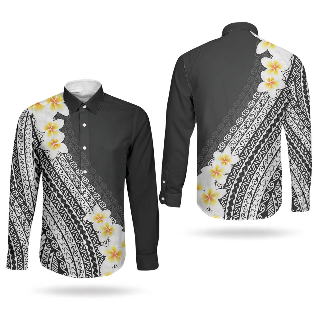 Tahiti Plumeria Tribal Pattern Couples Matching Short Sleeve Bodycon Dress and Long Sleeve Button Shirt Wave Style Black LT05 - Polynesian Pride