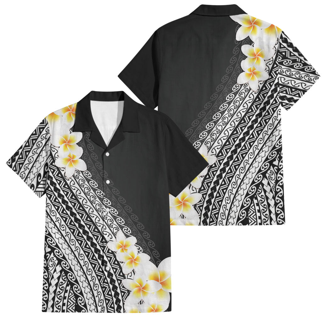 Tahiti Plumeria Tribal Pattern Family Matching Off The Shoulder Long Sleeve Dress and Hawaiian Shirt Wave Style Black LT05 Dad's Shirt - Short Sleeve Black - Polynesian Pride