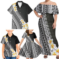 Tahiti Plumeria Tribal Pattern Family Matching Off Shoulder Maxi Dress and Hawaiian Shirt Wave Style Black LT05 - Polynesian Pride